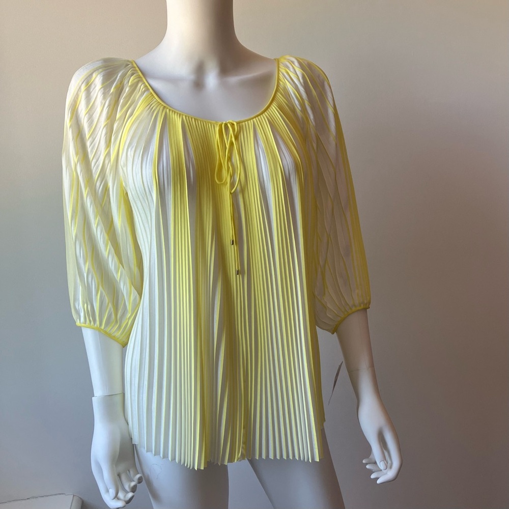 Diane Von Furstenberg Yellow and White “New Keoni” Pleated Peasant Top